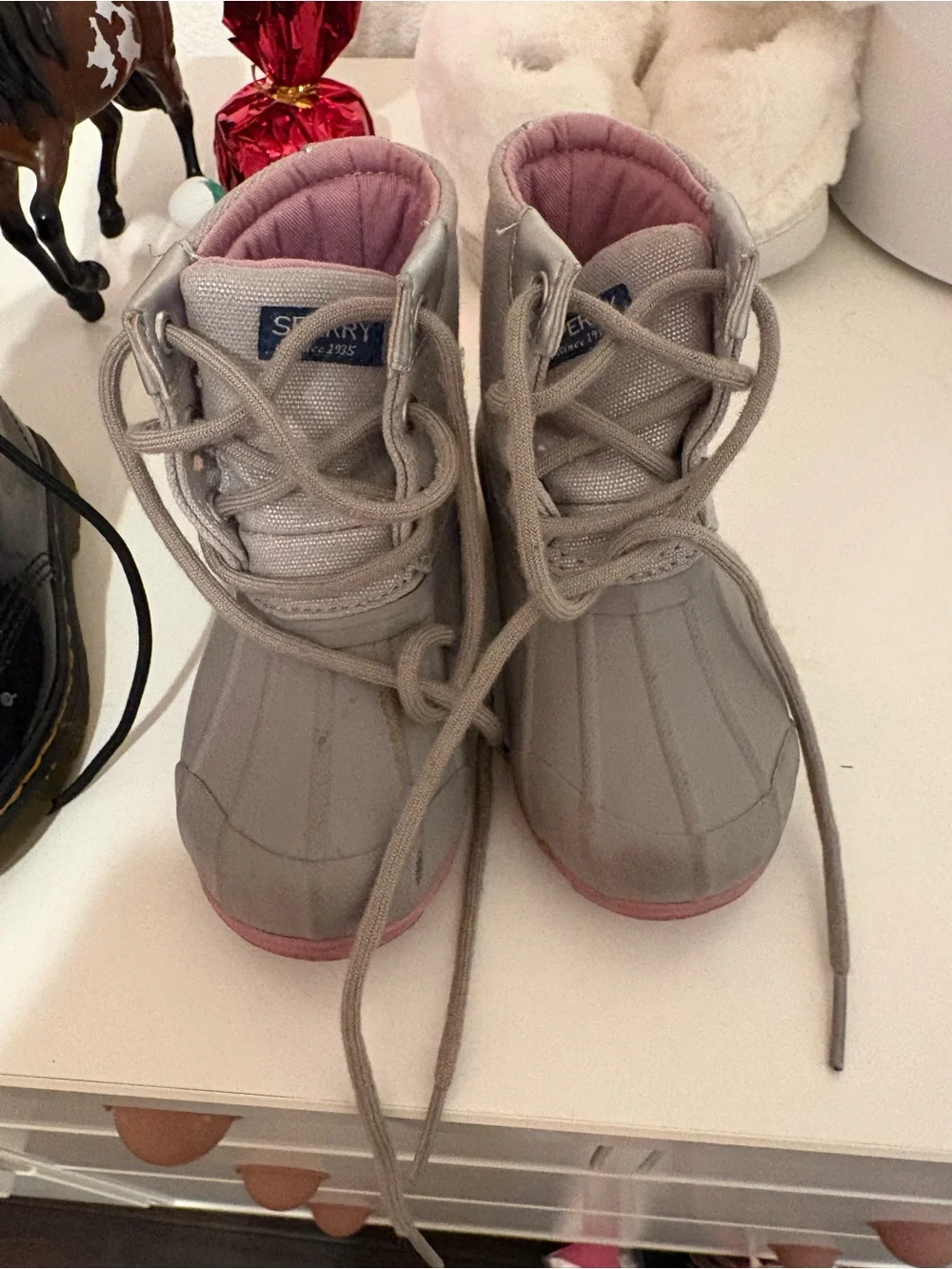 Sperry Kids Gray Duck Boots with Pink Interior